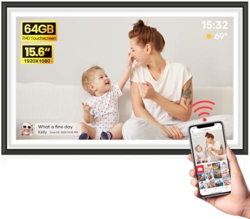 64GB Frameo 15.6" Digital Picture Frame Large WiFi Electronic Photo Frames 1920 x 1080 IPS FHD Touch Screen Share Moments Instantly Anywhere Best Gift for Parents and Grandparents Black with White by BIGASUO