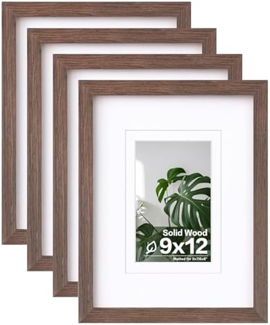 Egofine 9x12 Picture Frames Set of 4, Made of Solid Wood Covered by Plexiglass 5x7 and 6x8 with Mat or 9x12 without Mat, for Table Top Display and Wall Mounting Photo Frame Brown by Egofine