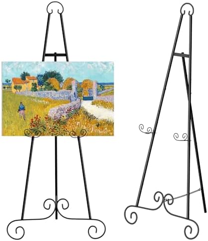 46" H Metal Round Tube Scroll Display Easel, Classic Black Decorative Large Adjustable Floor Standing Easel with Chain Support, Perfect for Showcasing Pictures, Artwork, Picture Frame Wedding Sign Etc by Nandae