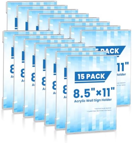 15 Pack 8.5x11 Acrylic Sign Holder Wall Mount, Clear Plastic Wall Signs Display for Flyers, Acrylic Frame Photo Menu Stands with Adhesive Tape for Restaurants, Office and Business Store - No Drilling by Unknown