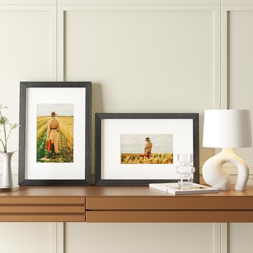 Egofine 8x12 Picture Frames Set of 4, Made of Solid Wood Covered by Plexiglass 5x7 and 6x8 with Mat or 8x12 without Mat, for Table Top Display and Wall Mounting Photo Frame Rustic Black - Image 5