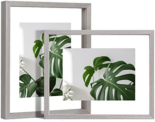 Egofine 8x10 Floating Frames Set of 2, Double Plexiglass Picture Frame, Made of Solid Wood Display Any Size Photo up to 8x10, Wall Mount or Tabletop Standing, Light Grey by Egofine