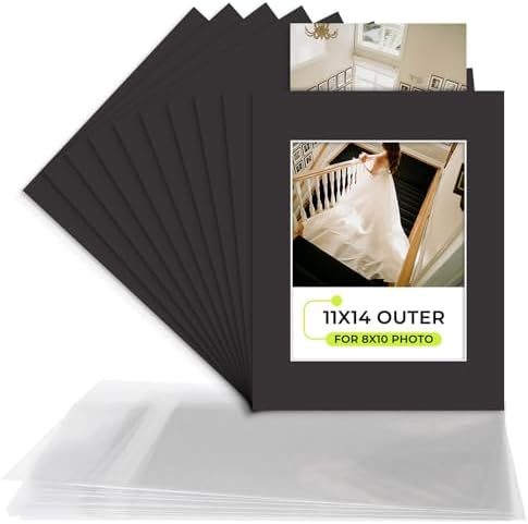 Golden State Art, 10 Pack 11x14 Slip-in Photo Mats Kits for 8x10 Photos, Pre-Pasted Backing Boards, Acid-Free, 8-Ply Thick Cardboard Frames, with Clear Storage Bags (Matte Black) by GoldenStateArt
