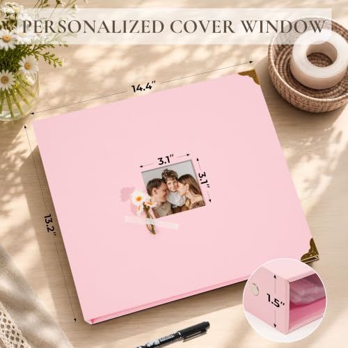 Vienrose Large 3 Ring Scrapbook Album 14.2 x 13 Inch, Textured Paper Cover DIY Photo Album with 40 Plastic Sleeves for Photos Baby Travel Wedding Anniversary Pink - Image 2