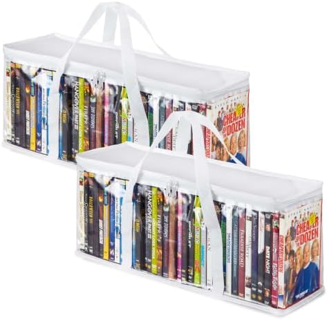 Stock Your Home DVD Storage Bags (Set of 2) Media Organizer Bag for DVDs, CDs, Blu Ray Disc, Movie Cases, VHS Box, Video Game Disks, Clear Plastic Holders with Carrying Handles and Zipper - White by StockYourHome