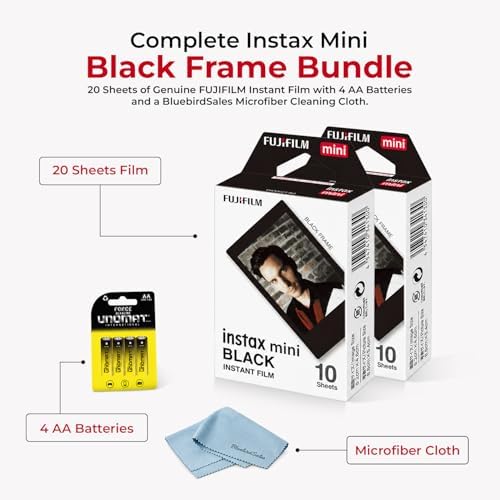 FUJIFILM Instax Mini Black Instant Film (20 Shots) + 4 AA Batteries + BluebirdSales Microfiber Cleaning Cloth – Creative Photography Bundle (20 Sheets Black Frame) - Image 2