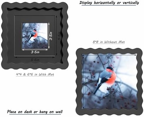 8x8 Black Picture Frame with Mat for 6x6/4x4, Curved Wavy Edge Deco Wooden Real Glass, Vertical or Horizontal Display Photo Gallery Wall & Tabletop Frame - Image 3