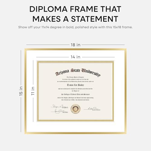 Homeforia 15x18 Gold Diploma Frame, High-End Metal, 11x14 Mat, Glass - Image 2