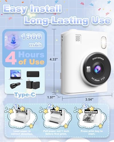 Instant Print Camera for Kids, 1080P Instant Digital Print Cameras for Toddler, Portable Toy for 4 5 6 7 8 9 10 Year Old Girl, Christmas Birthday Gifts for Girls Boys with SD Card White - Image 4