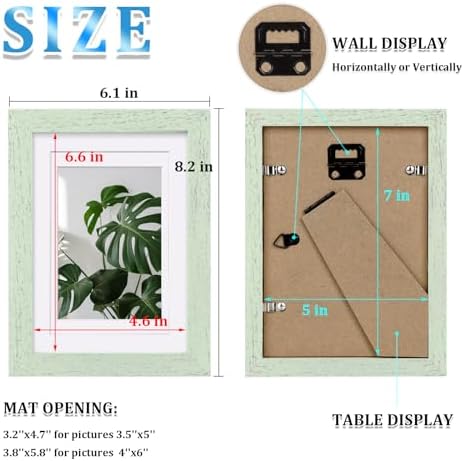 Egofine 5x7 Picture Frames Set of 4, Made of Solid Wood Covered by Plexiglass 3.5x5 and 4x6 with Mat or 5x7 without Mat, for Table Top Display and Wall Mounting Photo Frame Rustic Green - Image 3