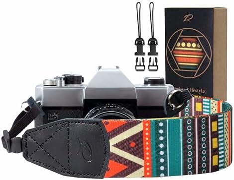 Padwa Lifestyle Bohemian Camera Strap - 2" Wide Genuine Leather Ends Camera Straps for Photographers, Vintage Boho Print Nylon Weave Strap with Camera Quick Release fits All Cameras by PadwaLifestyleCameraStrap