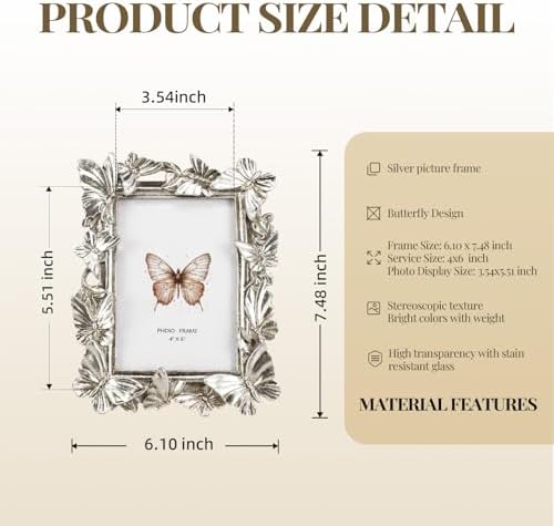 Cuspin 4x6 Picture Frame Silver Butterfly Photo Frame Vintage Elegant Decor - Image 5