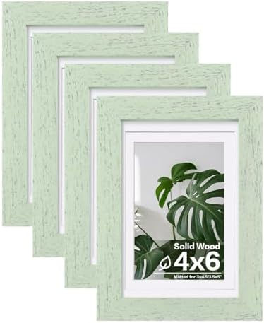 Egofine 4x6 Picture Frames Set of 4, Made of Solid Wood Covered by Plexiglass 3x4.5 and 3.5x5 with Mat or 4x6 without Mat, for Table Top Display and Wall Mounting Photo Frame, Rustic Green by Egofine