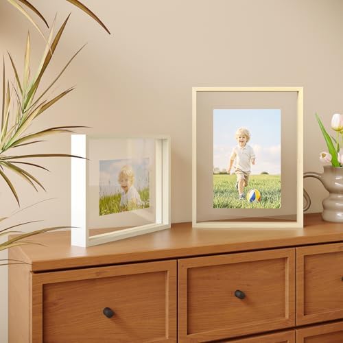 Egofine 11x14 Floating Frames Set of 4, Double Plexiglass Picture Frame, Made of Solid Wood Display Any Size Photo up to 11x14, Wall Mount or Tabletop Standing, Natural Wood - Image 4