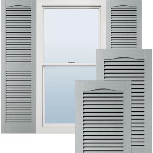 14 1/2"W x 31"H Lifetime Vinyl, Standard Cathedral Top Center Mullion, Open Louver Shutters, w/Installation Shutter-Lok's & Matching Screws (Per Pair), Platinum by EkenaMillwork