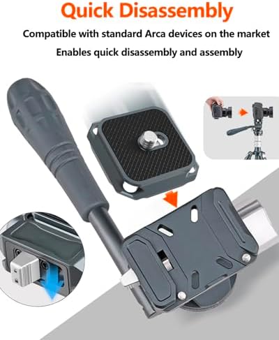 Tripod Fluid Head Metal Mini Pan Tilt Video Head Mount with Arca Type Quick Release Plate, Telescopic Handle Tripod Head for Compact Video Camera DSLR Camera - Image 3