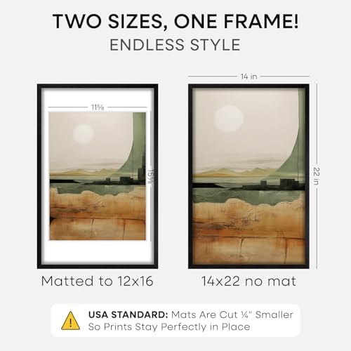 Homeforia 14x22 Black Oak Picture Frame, High-End Wood, 12x16 Mat, Glass - Image 2