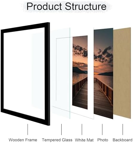 20x28 Poster Frame Set of 2, 20 x 28 Wood Picture Frames with Mat for 16x24, Wooden Photo Frame with Tempered Glass Cover for Wall Mounting Display, Black - Image 3