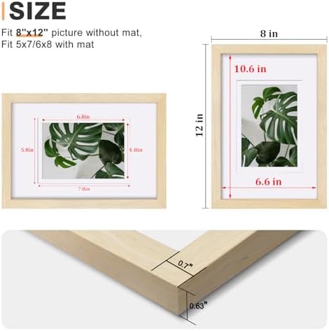 Egofine 8x12 Picture Frames Set of 4, Made of Solid Wood Covered by Plexiglass 5x7 and 6x8 with Mat or 8x12 without Mat, for Table Top Display and Wall Mounting Photo Frame Oak Wood - Image 3