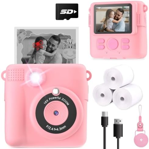 ESOXOFFORE Instant Print Camera for Kids, Christmas Birthday Gifts Girls Boys Age 3-12, HD Digital Video Cameras Toddler, Portable Toy 3 4 5 6 7 8 9 10 Year Old Girl with 32GB SD Card-Pink by ESOXOFFORE