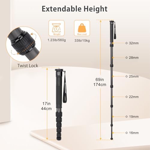Koolehaoda 69" Camera Monopod Carbon Fiber Photography Monopod, 6 Section - Image 3