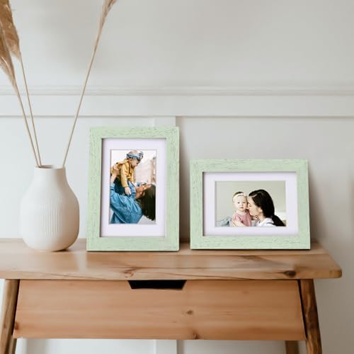Egofine 4x6 Picture Frames Set of 4, Made of Solid Wood Covered by Plexiglass 3x4.5 and 3.5x5 with Mat or 4x6 without Mat, for Table Top Display and Wall Mounting Photo Frame, Rustic Green - Image 5