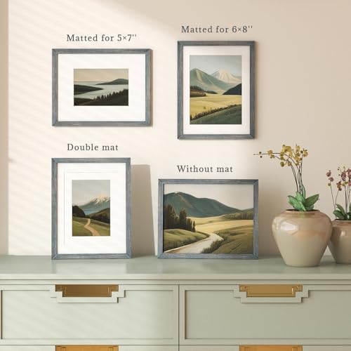 Egofine 11x14 Picture Frames Set of 4, Made of Solid Wood Covered by Plexiglass 5x7 and 8x10 with Mat or 11x14 without Mat, for Table Top Display and Wall Mounting Photo Frame Rustic Blue - Image 6