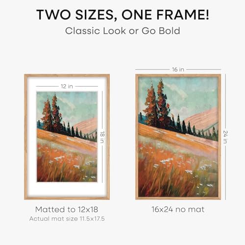 Homeforia 16x24 Natural Oak Picture Frame, High-End Wood, 12x18 Mat, Glass - Image 2
