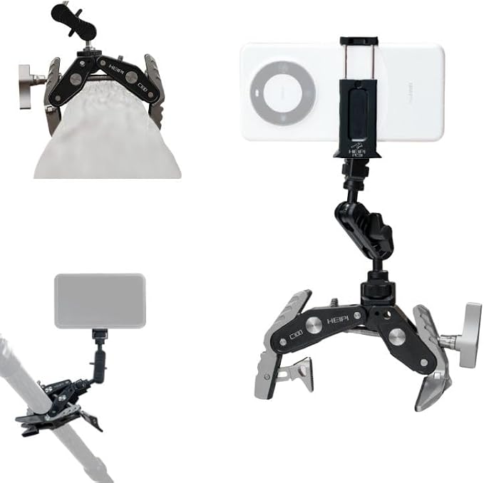HEIPI C100 Super Clamp & MA175 Magic Arm & Phone Clip, Max Clamping 3.93" | Clamp & stand design. Max clamping 3.93" / 10cm. Dual screw mounts: 1/4"-20 & 3/8"-16. Compatible with phone by HEIPIVision