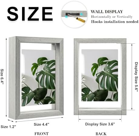 Egofine 4x6 Floating Frames Set of 2, Double Plexiglass Picture Frame, Made of Solid Wood Display Any Size Photo up to 4x6, Wall Mount or Tabletop Standing, Grey - Image 2