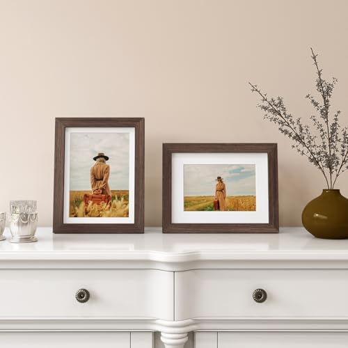 Egofine 6x8 Picture Frames Set of 4, Made of Solid Wood Covered by Plexiglass 4x6 and 5x7 with Mat or 6x8 without Mat, for Table Top Display and Wall Mounting Photo Frame Brown - Image 5
