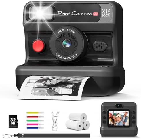 CalineGam Kids Instant Print Camera, 1080P HD Dual Lens with 32GB Card | 2.4" Screen Kids Camera with 3 Paper Rolls, 16X Zoom, Christmas Birthday Gifts for Girls and Boys Age 3-12 by Unknown