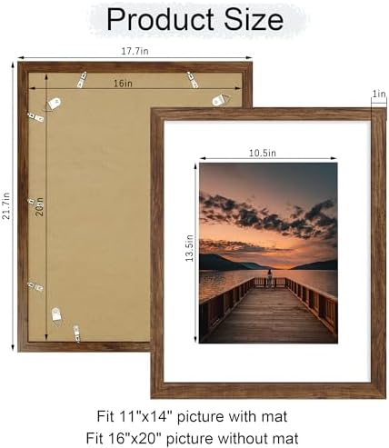 16x20 Poster Frame Set of 2, 16 x 20 Wood Picture Frames with Mat for 11x14, Wooden Photo Frame with Tempered Glass Cover for Wall Mounting Display, Rustic Brown - Image 5
