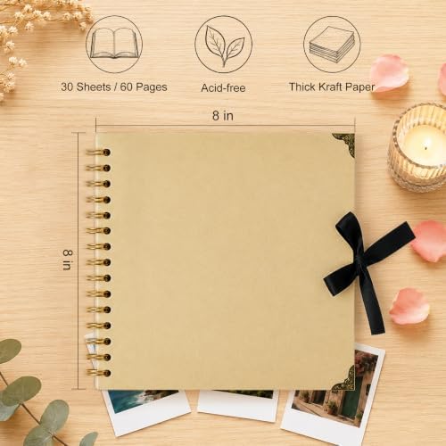 Scrapbook Photo Album 8"x8" 30 Sheets 60 Pages Kraft Paper Ribbon Closure - Image 3