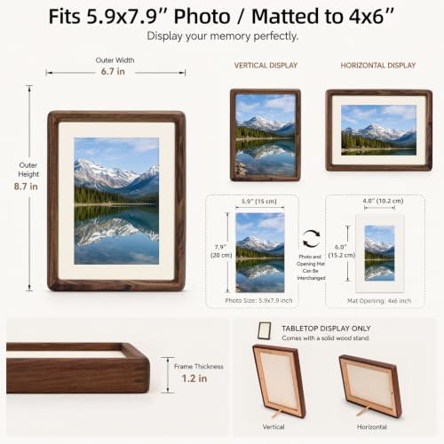 Solid American Black Walnut Picture Frame with Plexiglass, Natural Wood Tabletop Photo Frame with Decorative Joinery Corners, Horizontal or Vertical Display (Walnut, For 5x7 / 4x6 Photo) - Image 4