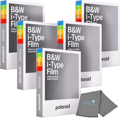 Polaroids Black & White Instant Film, 5 Pack, 40 Photos, B&W Film Works with Polaroid i-Type Cameras, Now, Now+, I-2, & Lab, Bundle with a Lumintrail Lens Cleaning Cloth by Lumintrail