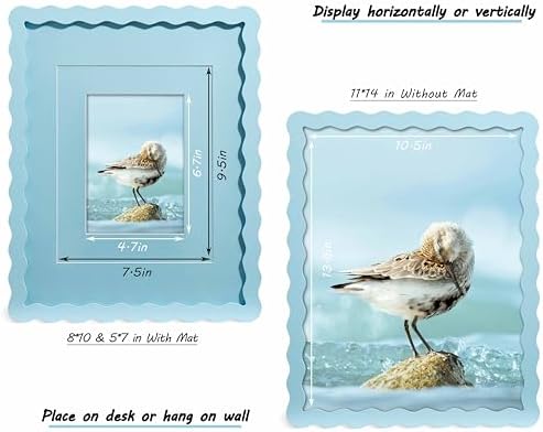 11x14 Blue Picture Frame with Mat for 8x10/5x7, Curved Wavy Edge Deco Wooden Real Glass, Vertical or Horizontal Display Photo Gallery Wall & Tabletop Frame - Image 3