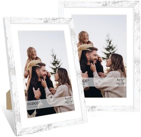 10x14 Picture Frame Set of 2, 10 x 14 Wood Photo Frames with Mat for 8x12 or 30x40cm Diamond Painting Art, Wooden Frame with Real Glass Cover for Wall and Tabletop Display,Distressed White by CCDCC