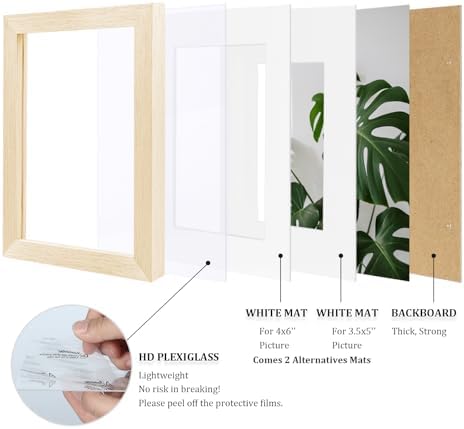 Egofine 5x7 Picture Frames Set of 4, Made of Solid Wood Covered by Plexiglass 3.5x5 and 4x6 with Mat or 5x7 without Mat, for Table Top Display and Wall Mounting Photo Frame Oak Wood - Image 4