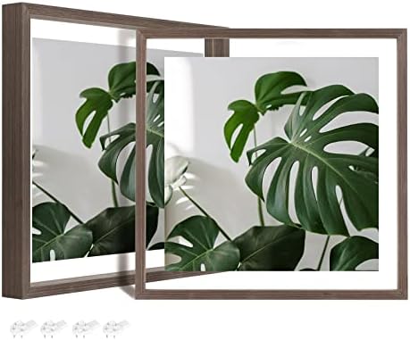 Egofine 12x12 Floating Frames Set of 2, Double Plexiglass Picture Frame, Made of Solid Wood Display Any Size Photo up to 12x12, Wall Mount or Tabletop Standing,Brown by Egofine