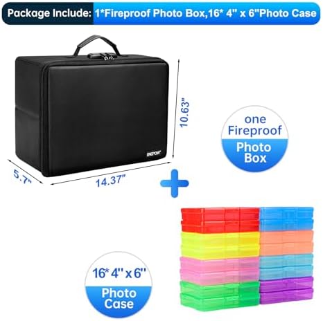 ENGPOW Fireproof Photo Storage Box with 16 Inner 4" x 6" Photo Cases(Multi-Colored), Photo Organizer with Lock, Collapsible Portable Photo Safe Containers with Handle for Photos, Picture, Craft - Image 2