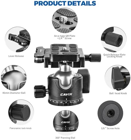 CAVIX 36mm Tripod Ball Head with Lever Release, Low Profile Heavy Duty Ball Head Mount with Arca Swiss Quick Release Plate for Camera Tripod Monopod DSLR Camcorder Telescope,Max Load 33lb/15kg(H-36F) - Image 4