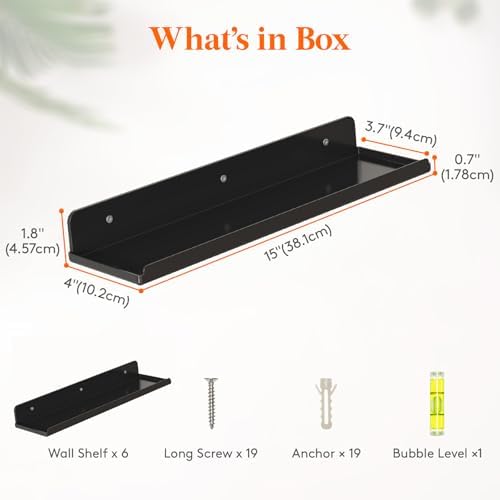 Lifewit Acrylic Floating Shelves for Wall 14" Black, 6 Pack - Image 3