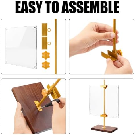 RattanView Adjustable Tabletop Easel Stand with Clear Acrylic Floating Photo Frame Set 16.5" Metal Picture Easel Display Stand for Picture, Art, Photos, Poster, Signs(Gold,Wooden Base) - Image 3