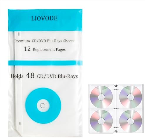 LIOVODE CD Binder Pages, Refill Sheets for 3 Ring Binders Hold 48 DVDs by LIOVODE