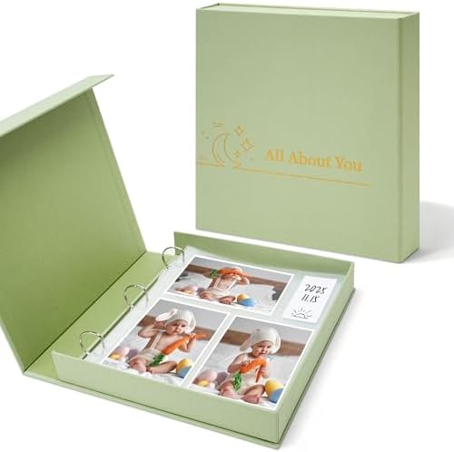 4x6 Photo Storage Box with 3-Ring Slip-In Album, Linen Binder Organizer with Gold Foil Cover, Holds 310 Photos with Blank Memo Cards for Memories & Keepsakes, Light Green by Hiwhy