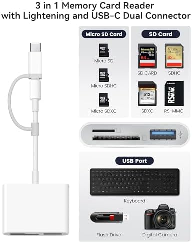 AkHolz SD Card Reader for iPhone iPad Built-in Lightening & USB-C Dual Connectors Card Adapter with SD MicroSD USB-A 3 Slots Trail Camera Memory Card Viewer, Portable No App Required Plug and Play - Image 2