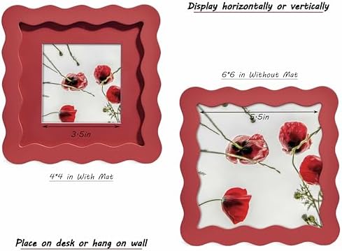 6x6 Red Picture Frame with Mat for 4x4, Curved Wavy Edge Deco Wooden Real Glass, Vertical or Horizontal Display Photo Gallery Wall & Tabletop Frame - Image 3
