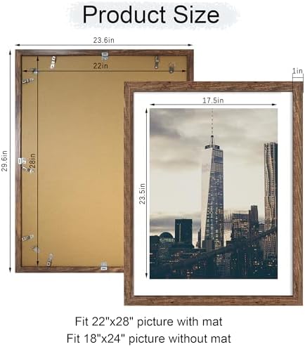 22x28 Picture Frame Set of 2, 22 x 28 Wood Poster Frames with Mat for 18x24, Wooden Photo Frames with Tempered Glass Cover for Wall Display, Rustic Brown - Image 4