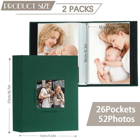 Artmag Mini Photo Album 4x6 50 Pockets 2 Pack, Linen Cover with Front Window Album Each Holds 52 Vertical Photos for Family Wedding Baby Children (Dark Green) - Image 2